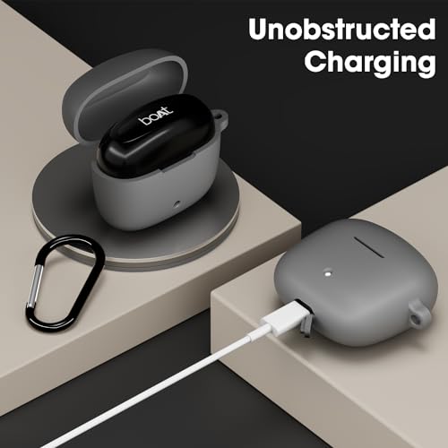 Image of Sounce Earphone Case Cover Compatible for Boat Airdopes 200 Plus, Soft Silicone Skin Case Cover Shock-Absorbing Protective Case with Keychain - Grey