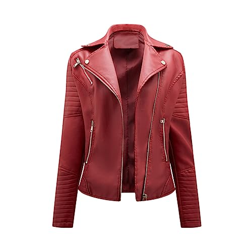 Chaqueta De Motociclista con Cremallera para Mujer, Chaqueta De Cuero Estilo Traje De Manga Larga, Abrigo De Cuero Recortado Wine Red EUR XL