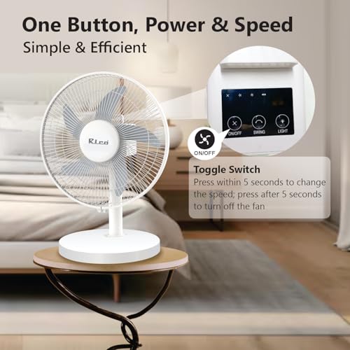 Image of Rico Rechargeable 12 inch Table Fan | Runtime: 3hr (High) & 10hr (low) | With Built in power bank to charge your phone Type-C Charging | BLDC Motor with 3-Speed Settings |Silent Operation | Portable