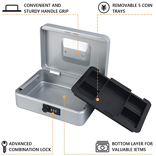 Image of KYODOLED Large Cash Box with Combination Lock,Safe Metal Box for Money, Storage Lock Box with Money Tray,9.84 inchx 7 inchx 3.54 inch Lightgrey Large