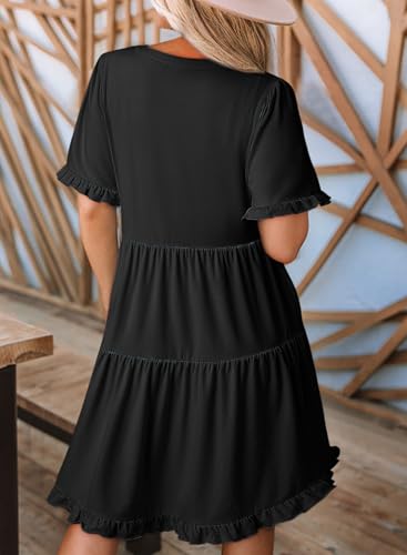 Image of Dokotoo Womens Summer Dresses 2026 V Neck A Line Short Sleeve Casual Ruffle Babydoll Mini Dress