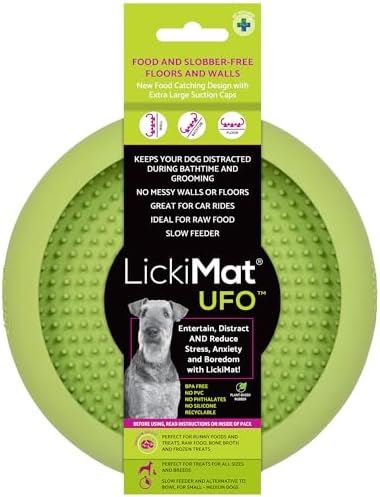 New LickiMat UFO Green - Bathing, Shower & Grooming Distractor. Natural Rubber Large Soother Licking Nubs Soft and runny Treats. Unique Food and Dribble Catcher Design. Slow Feeder Dog Bowl