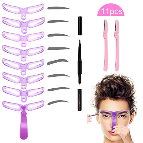 Eyebrow Stencils, Eyebrow Template, Eyebrow Shaping Kit, 8 Styles Reusable Eyebrow Stencil with Handle and Strap, Washable (Come with 2 Eyebrow Razor + 1 Eyebrow Pencil）