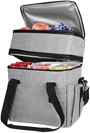 Geestock Insulated Cooler Bag, Dual Compartments Soft Lunch Bag, 35 Cans Collapsible Lunch Box for Beach, Travel, Work, Drink, Camping, 24L/Grey