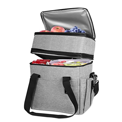 Geestock Insulated Cooler Bag, Dual Compartments Soft Lunch Bag, 35 Cans Collapsible Lunch Box For Beach, Travel, Work, Drink, Camping, 24L/Grey #TOP23