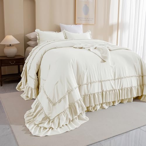 Image of QSH Oversized King Ruffle Comforter 128x120,3PCs Ivory Farmhouse Lightweight Ruffled Bed Comforter Set Soft Microfiber Shabby Boho Chic California King Bed Comforter Set French Country Bedding