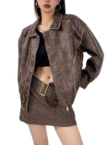 chouyatou Women's Fall Distressed Faux Leather Bomber Jacket Motorcycle Oversized Leather Jacket