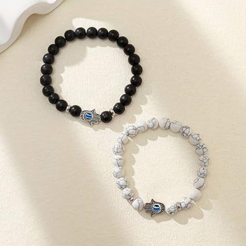 Image of Fashion Frill Couple Bracelets Black & White Onyx Evil Eye Stretchable Wrist Band Bracelet For Women Men Boys Girls Love Gifts Friendship Promise Bracelets