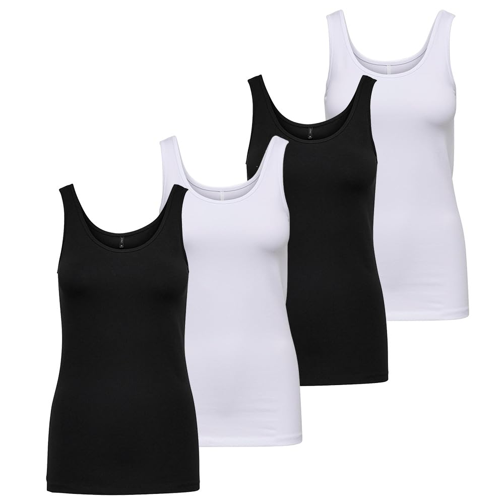 ONLY Damen 4er Pack Top kurz Live Love Tank ärmellos Schwarz Weiß Farbmix Shirt