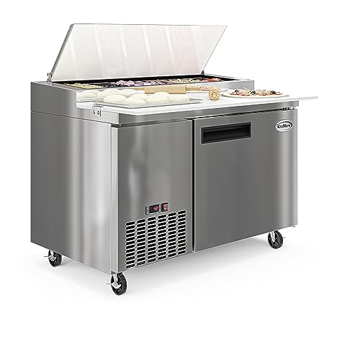 Image of KoolMore 50 Inch Commercial Pizza Prep Table with Built-in Refrigerator, Cutting Board, Food Protection Lid, Cold Storage, Rolling Casters in Stainless Steel,ETL Listed (KM-RPPS-1DSS)