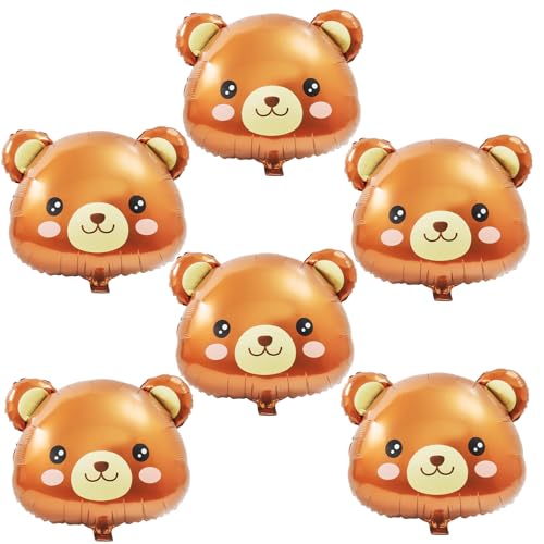 6-Pack 22-Inch Bear Head Aluminum Foil Balloons - Brown Bear Shaped Mylar Balloons for Jungle Woodland Animal Farm Safari Theme Party Decorations, Baby Shower, Gender Reveal and Birthday Supplies