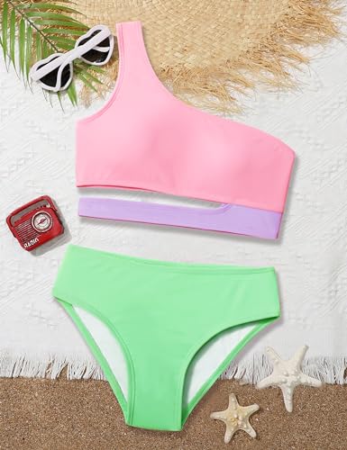 Image of Girls Swimsuit Size 7 Girls Bathing Suit Size 7-8 One Shoulder Girls Bikini Top High Waist Bottom Cutout Girls' Two-Piece Swimwear Pink Green 7-8 Years