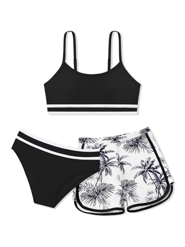 Image of Girls Swimsuit 3 Piece Bathing Suit Printed Sport Bikini Set with Shorts Summer Beach Swimwear for Teen Girls 9-16T