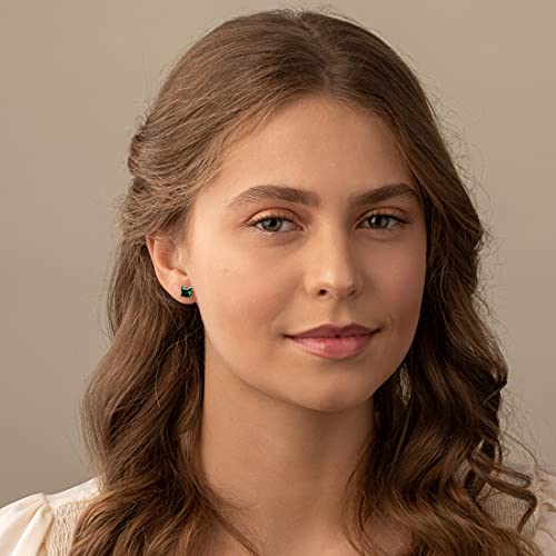 Peora Created Emerald Stud Earrings for Women 14K White Gold, Classic Solitaire, 2 Carats total Princess Cut, 6mm, Friction Back, Dainty Green Earrings, Emerald Jewelry2