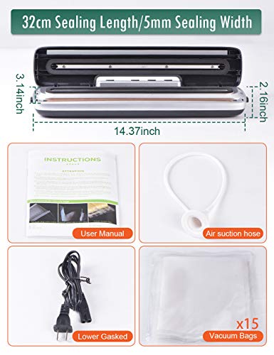 Vacuum Sealer Machine, BNT Automatic Food Saver Machine, Compact Food Sealer for Food Preservation, Dry & Moist Food Modes, Led Indicator Light, 15 Pack Vacuum Sealer Bags