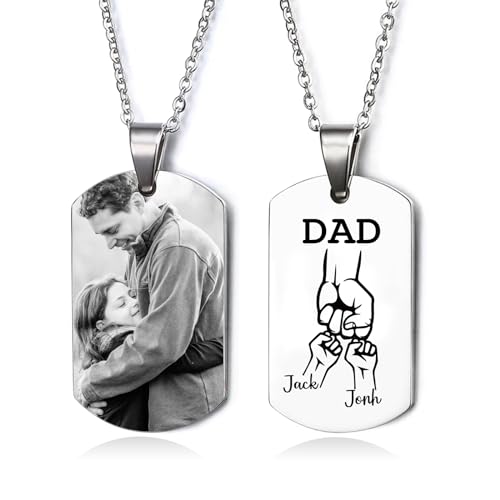 Amsgedhie Collier Personnalisé Papa avec Photo, Pendentif Plaque avec Noms Gravés Fist Bump Acier Inoxydable, Cadeau de Fête des Pères pour Papa Papi