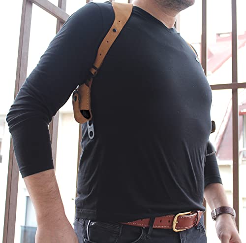 Premium Suede Leather Shoulder Holster With Single Magazine Carrier Fits Standard Without Rail Glockk 43X Subcompact 9Mm 3.41", Right Hand Draw Natural Color #1491# #TOP4