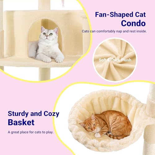 Image of Allewie 73in Fan-Shaped Space-Saving Corner Cat Tower /Multi-Level Tall Cat Tree for Indoor Kitties /Cozy Baskets /Condos /House /Perches /Sisal Scratching Posts /Pet Activity Center /Beige