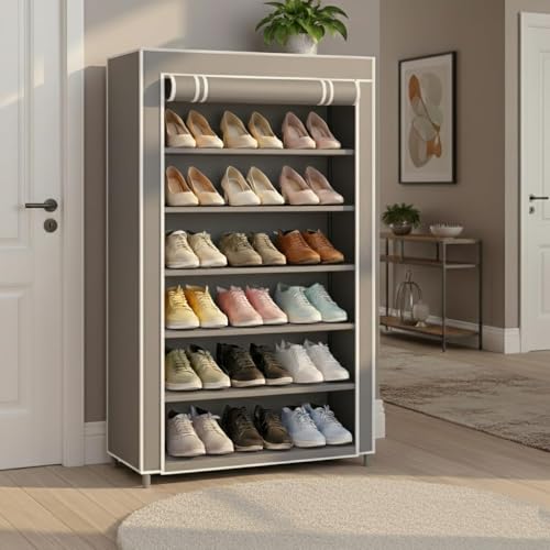 Image of EASY BUY Shoe Rack with Cover | Plastic Rack 6 Shelves with Zip Cover & Side Pockets | Dustproof Multiuse Storage Organizer for Footwear, Toys, Shoe Rack Plastic, Slipper Stand, Grey