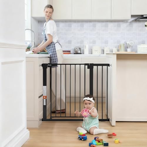 COMOMY 29.5-40.5" Baby Gate for Stairs, Auto Close Dog Gates for The House Doorways, Pressure Mounted Easy Walk Through Pet Gate with Door, Durable Safety Child Gate Indoor(30" Tall, Black)