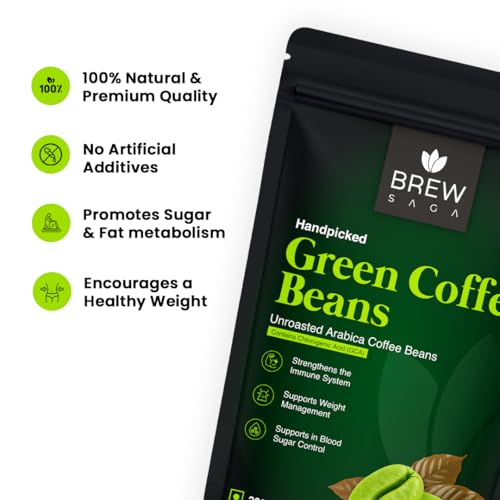 Image of Brewsaga Unroasted Arabica Pure Green Coffee Beans Whole | Weight Management & Detox For Men & Women | Chlorogenic Acid for Natural Weight Loss | Body Detoxification Powder | 200g | Pack of 1