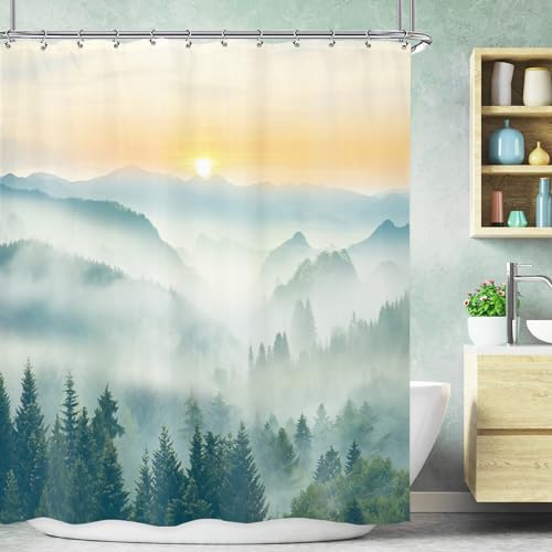 Misty Mountain Green Spring Scenery Sunrise Bathroom Shower Curtain Set