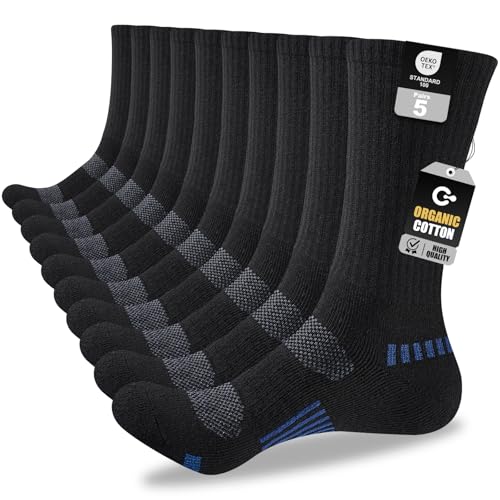 Mens Cotton Boot Crew Socks, 5 Pairs Full Cushion Thick Socks Moisture-Wicking & Reinforced for Work Hiking Walking Outdoor