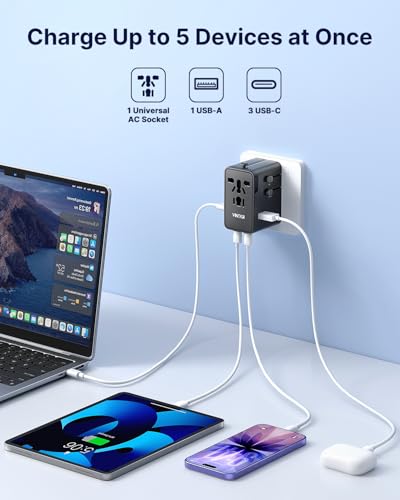 Image of VINTAR 70W GaN Universal Travel Adapter, 5 in 1 with 3 USB-C PD& 1 USB-A QC | International Power Adapter, GaN Fast Charging with Compact Design, All-in-One Travel Essentials for UK /EU /US /AUS, Black