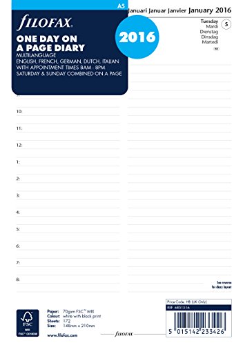 Filofax A5 jour par page 5 Langue Recharge Agenda Rendez-vous pour 2016