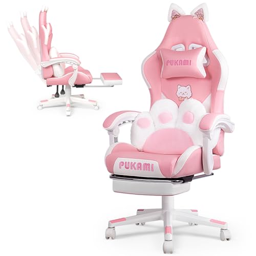 Waleaf Cute Gaming Stuhl Pink mit Katzenpfote Lendenkissen und Katzenohren, Ergonomischer Gamer Sessel mit Fußstütze, Verstellbarer Schreibtischstuhl Pu Leder für Mädchen, Gaming Chair 140kg, Rosa