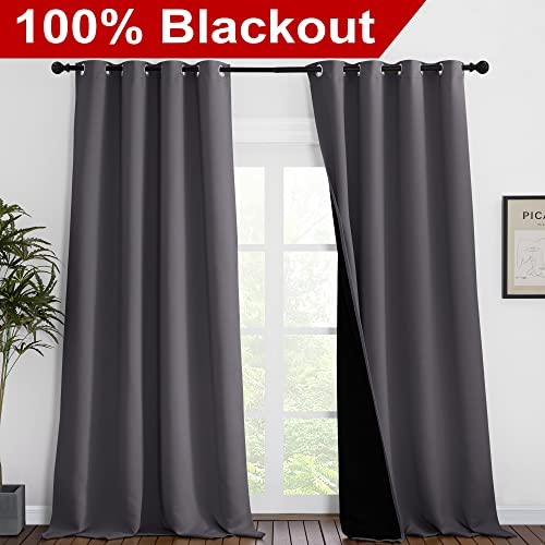 Image of NICETOWN Total Shade Curtains and Draperies, Heavy-Duty Full Light Shading Drapes with Black Liner Backing for Villa /Hall /Dorm Window（Gray, Package of 2 Panels, 55 inches Wide x 96 inches Long