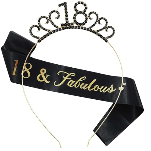 MIOSJI 18th Birthday Sash and Crown Crystal Tiara Hat for Girl's 18th Birthday Decorations Gift Party Accessories