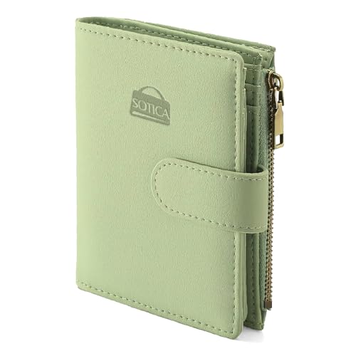 Sotica Slim Women Leather Wallet Genuine Leather, Minimalist Front Pocket Wallet with RFID Blocking, Multiple Card Slots & ID Window, Gift for Women (Green)
