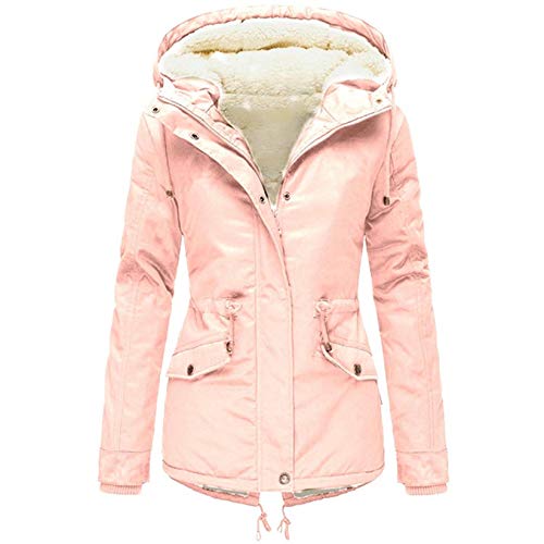 90sMuse Women Down Coat Winter Warm Sherpa Fleece Lined Hooded Cotton Padded Jacket Thermal Zip Up Puffer Jacket Outwear (Pink, XL)