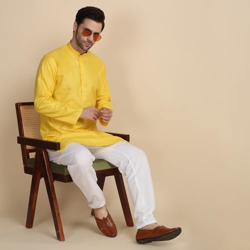 Image of KRAFT INDIA Men's Cotton Solid Kurta With Drawstring Pyjama Set