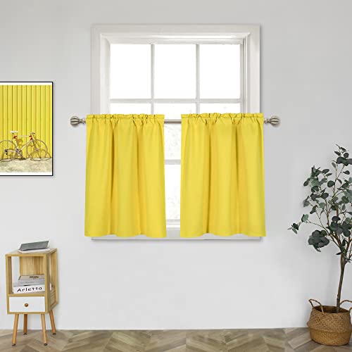 Image of MUMFAS 24 Inch Yellow Short Curtains 2 Panel Set - Half Window Tiers for Kitchen, Room Darkening Small Valance With Rod Pocket, Bright Yellow 29"x24"