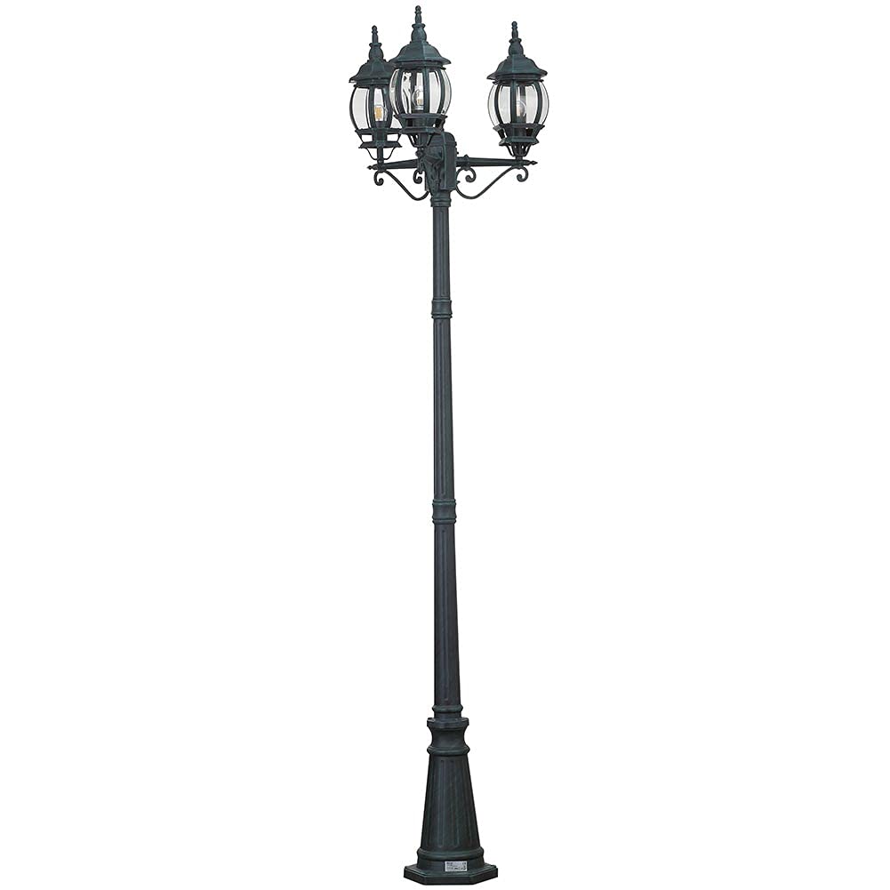 BAKAJI Lampione Vittoriano Classico da Giardino in Alluminio Lampada Lanterna Colore Grigio Finitura Anticata Verde Bronzo IP44 E27 (3 Luci 200 cm)