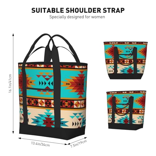 Aztec Beige Blue Large Capacity Insulated Shopping Tote Bag – Keeps Food Cold/Hot For Hours, Ideal For Travel, Groceries & Outdoor Use3