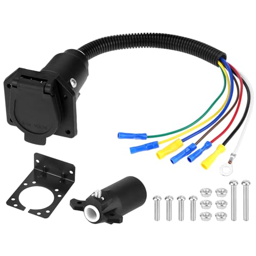 QWORK 7-Way RV Trailer Light Connector Socket with 7-Way RV Connector Plug
