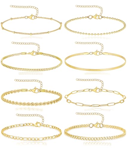 8Pcs Gold Bracelets 18K Gold Plated Stainless Steel Chain Bracelet Satellite Bead Box Herringbone Rope Paperclip Figaro Cuban Link Bracelet for Women Silver Gold Tone 6.5 Inches Adjustable