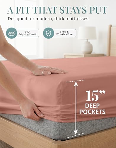 Image of 450TC 100% Cotton Split King Sheet Set - Silky Sateen Weave, Rose Dawn