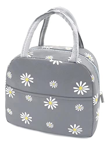 Image of Aavjo Insulated Waterproof Lunch Bag Women Girls, Reusable Cute Tote Lunch Box for Adult & Kids, Leakproof Cooler Lunch Bags for Work Office Travel School Picnic (Grey Flower)