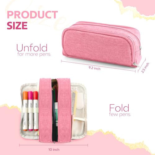 Image of Large Capacity Pencil Case Pencil Pouch Pen Bag with 3 Compartment Stationery Organizer with Zipper, School Supplies Organizer for Teen Adults (Pink)