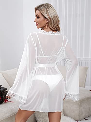 WDIRARA Women's See Through Lace Trim Long Sleeve Belted Short Sheer Robe Kimono2