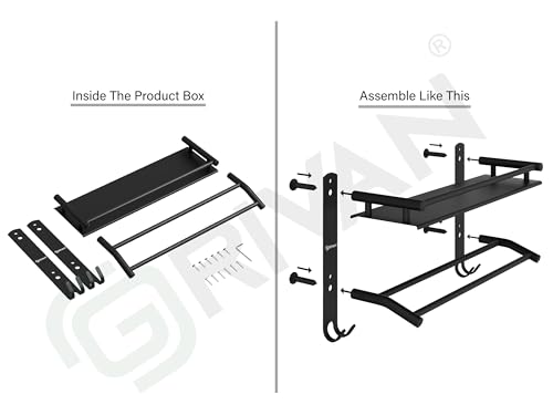 Image of GRIVAN Stainless Steel Bathroom Shelf Rack Stand with Dual Towel Rod | Multipurpose Bathroom Accessories Set (Black Matte)