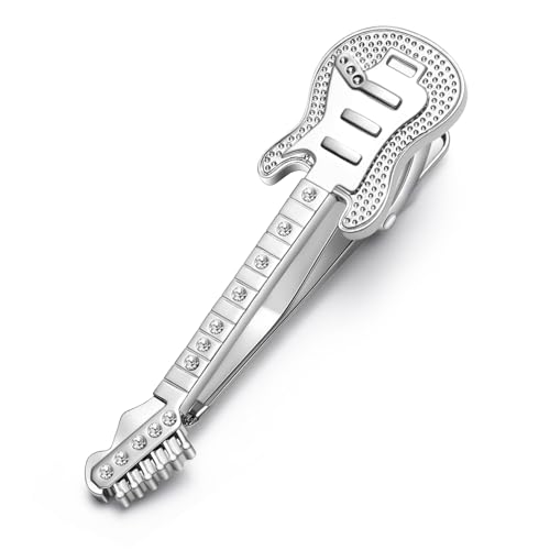 HONEY BEAR Clip Pasador de Corbata - 2.12inch Talla Normal Guitarra Música para Hombre Necktie Boda Negocio Regalo,5.4cm,Plata