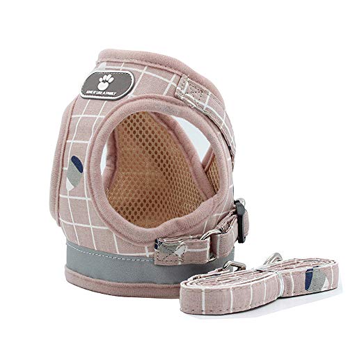 Tibemi ハーネス 小型犬 反射 犬 ハーネス リード セット かわいいチェック縞 ハーネス 猫 犬 胴輪 ペット リード 散歩 ライト メッシュ 通気性 調節可能 簡単着脱