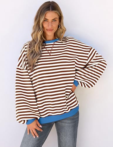 Ueu Womens Oversized Colorblock Sweatshirt Casual Striped Shirts Crewneck Long Sleeve Pullover Tunic Tops Coffee Striped Xx-Large thumb #1