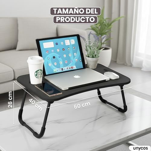 unycos - Bandeja para Cama, Mesa Plegable de Desayuno, Ideal para Portátil, Ordenador y Libros, Ergonómica, Mesa Auxiliar con Atril para Leer en la Cama 60x40x26 cm (Negro/Gris sin Cajón) - imagen 7