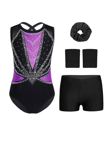 Xnihocha Body Gimnasia Ritmica Niña Moño Y Brazaletes Traje De Patinaje Artístico Conjuntos Leotardos Baile Morado claro 5-6 años